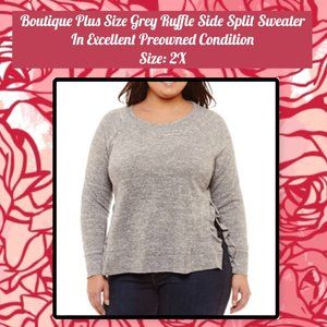 Boutique Plus Size Grey Ruffle Side Split Sweater 2X